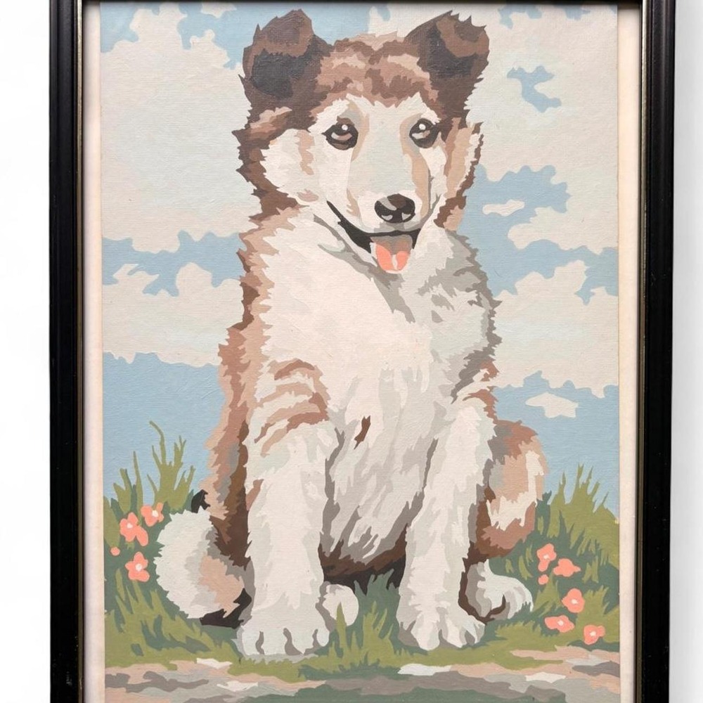 Vintage framed paint-by-number artwork  of collie or shepherd puppy dog art